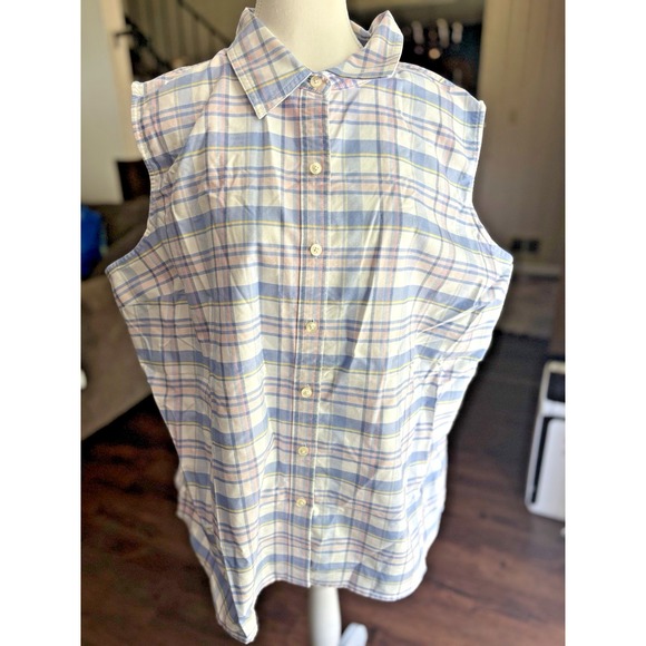 LL Bean Tank Top Woman 3X Plus Blue Plaid Button Up‎ Outdoor Cotton Hike - Picture 1 of 8